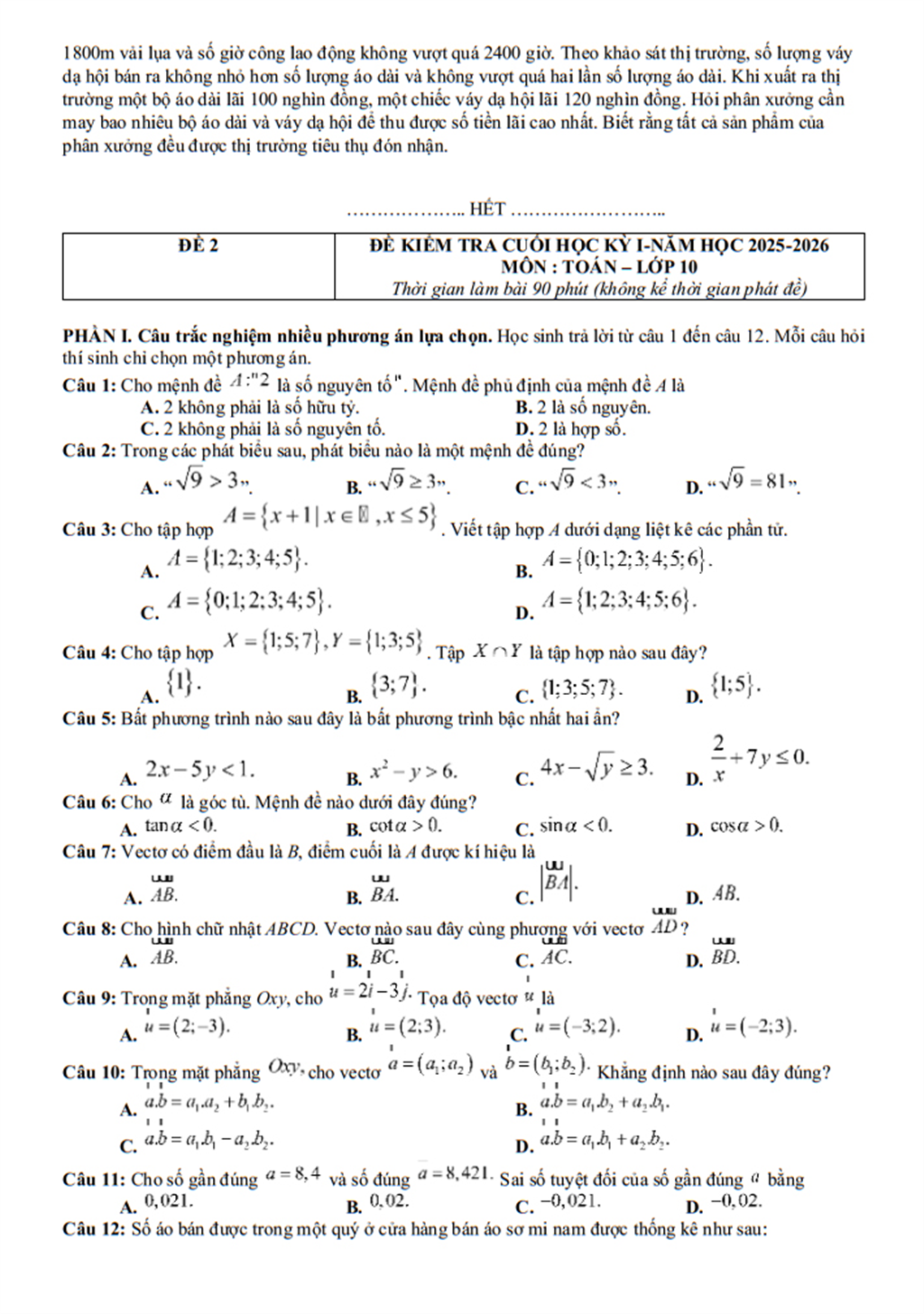 Đề cương Toán lớp 10, học kì 1, năm học 2025-2026