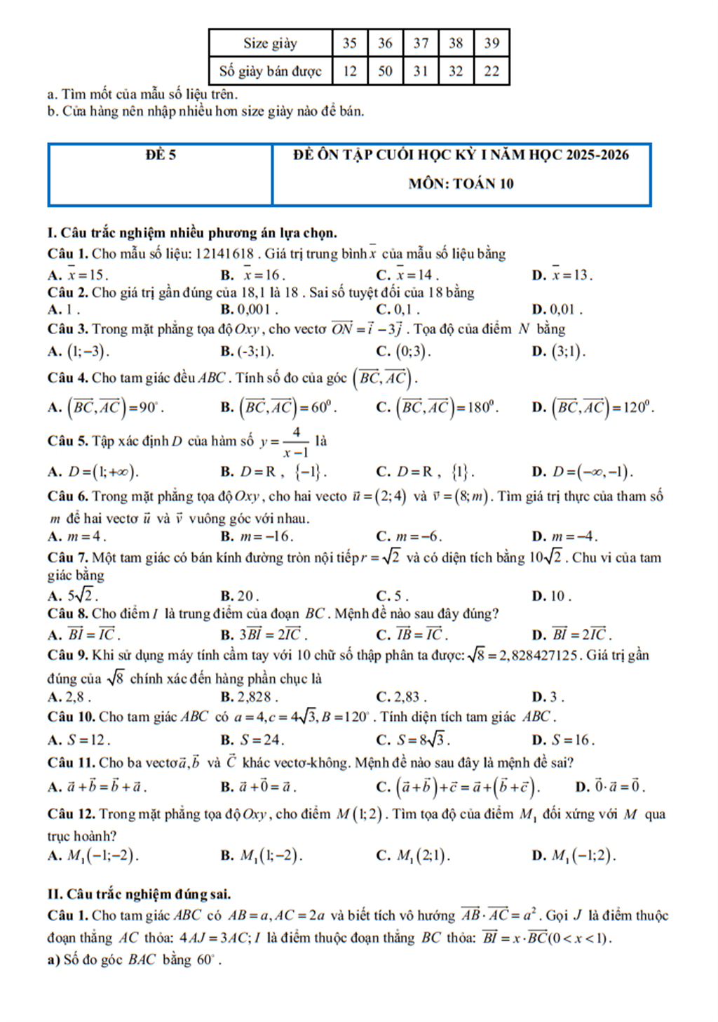 Đề cương Toán lớp 10, học kì 1, năm học 2025-2026
