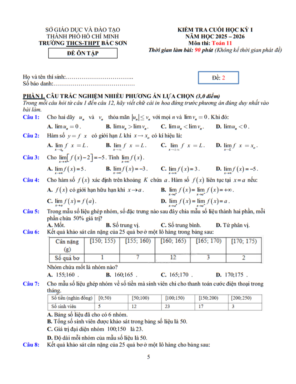 Đề cương Toán lớp 11, học kì 1, năm học 2025-2026