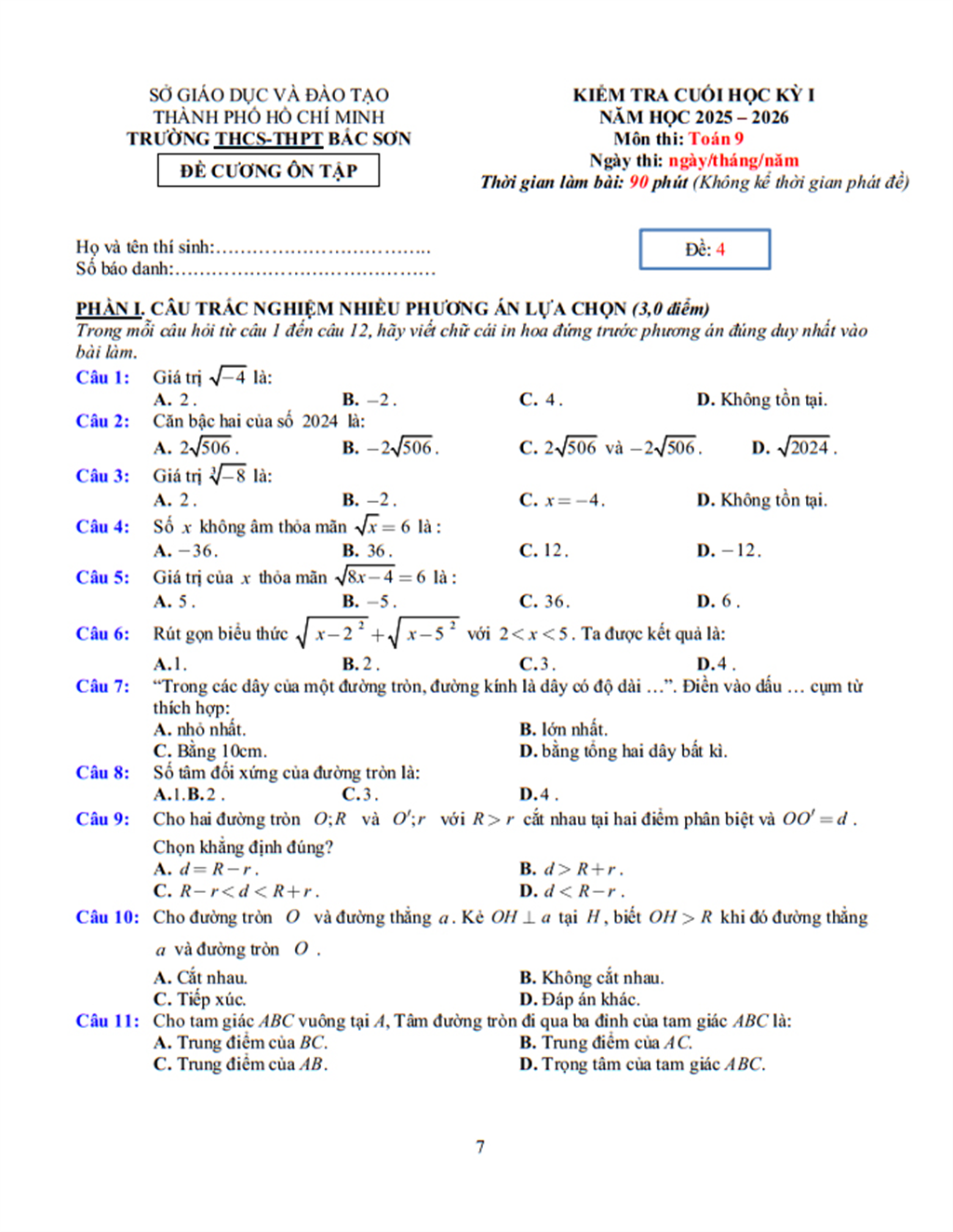 Đề cương Toán  lớp 9, học kì 1, năm học 2025-2026