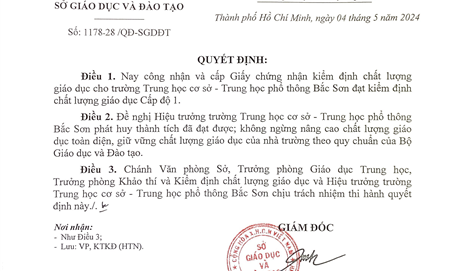 Quyết định về công nhận trường Trung học cơ sở - Trung học phổ thông Bắc Sơn đạt kiểm định chất lượng giáo dục cấp độ 1